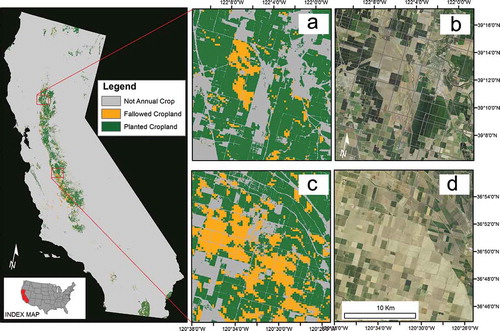 Figure 12. FANTA Model for 2014. The FANTA model for 2014 is shown in the left panel. The zoomed insets (a–d) show details of the FANTA model (a and c) with the 2014 natural color NAIP imagery on the right (b and d).