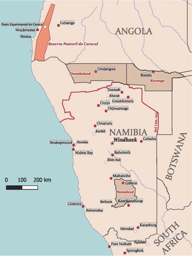 Figure 1. Map of Namibia and relevant frontier zones. (Cartography by Falk Griemert and Bernard C. Moore.)