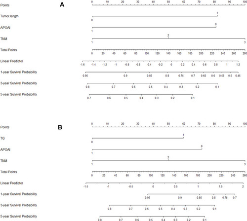 Figure 5 Nomogram analyses. Nomograms based on APO A-I for predicting the 1-, 3- and 5-year RFS (A) and OS (B).