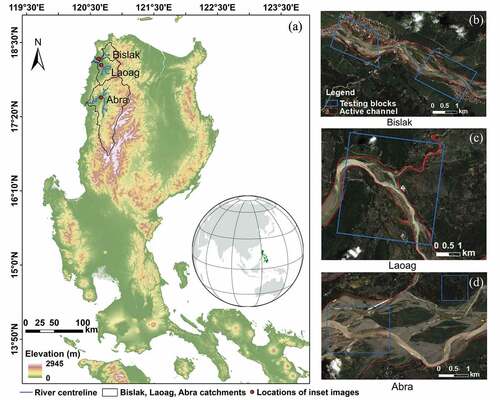 Figure 1. (a) Study area showing locations of the (b) Bislak, (c) Laoag and (d) Abra Rivers in northwest Luzon, the Philippines.