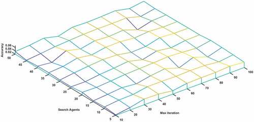 Figure 7. Classification accuracy of DFEB-MARRVFL under different search agents and maximum number of iterations.