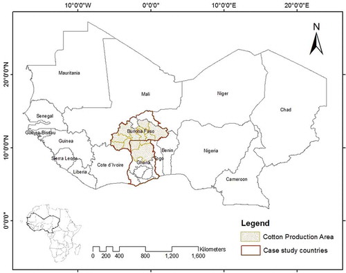 Figure 3. Map of Western Africa showing Ghana and Burkina Faso and cotton production zones, prepared by authors.