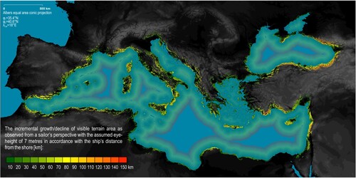 Figure 9. The viewshed model of terrain landforms that can be observed by a sailor stationed on the deck of a ship (with an assumed eye-height of 7 metres) across the entire Mediterranean and Black Sea areas. Digital Elevation Model (DEM) source: databasin.org (CitationU. S. Geological Survey's Center for Earth Resources Observation and Science).