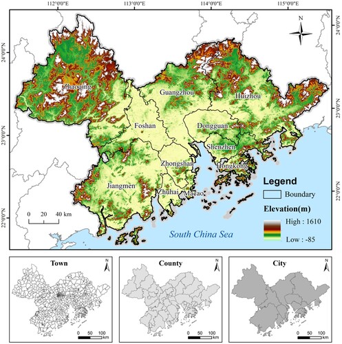 Figure 1. Study area: the Guangdong-Hong Kong-Macao Greater Bay Area (GBA) with administrative units and the terrain information (Source: administrative boundary data comes from https://www.ngcc.cn/ngcc/; Digital elevation model (DEM) data from https://www.gscloud.cn).