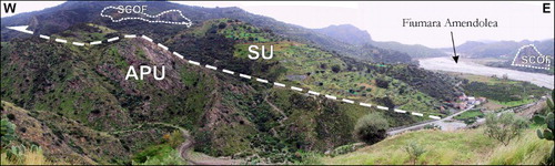 Figure 9. Panoramic view of the tectonic contact between APU and SU metamorphic rocks. Photo taken by the Amendolea Castle (Fiumara Amendolea, south-eastern sector of study area). The Stilo Capo D'Orlando Formation (SCOF, conglomerate facies) discordantly drapes the SU metapelites forming isolated caps.