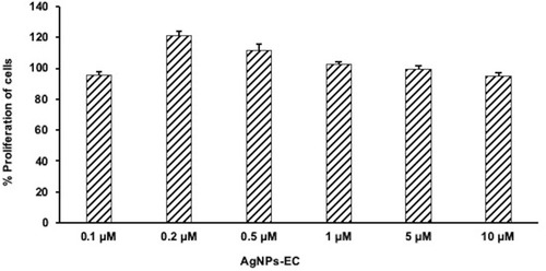 Figure 4 Effects of AgNPs-EC on the proliferation of MCF-7. Cell viability of MCF-7 cells treated first with a concentration of 0.1–10 μM.