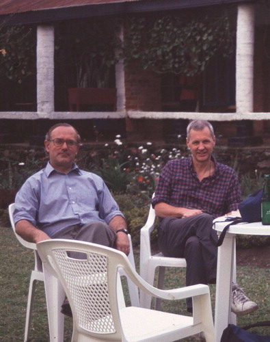 Figure 2. Martin, with the late Brian O’Shea, relaxing at the Mountains of the Moon Hotel, Fort Portal, Uganda, 29 January 1997. Photograph by Ron Porley.