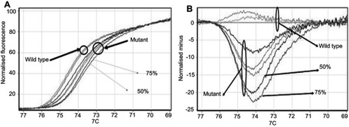 Figure 7 (A) Normalized curves for reannealing method; (B) normalized minus G curves for melting method: wild type, mutant and, 50% and 75% synthetic positive samples are shifted from the baseline and better separated from each other than in melting method.