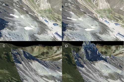 Figure 3. 3D model snapshots: rocky hillside and buildings in (a) Google Earth and (b) Sputnik GIS; and mountain peaks in (c) Google Earth and (d) Sputnik GIS. [image fit: 1.5 columns]