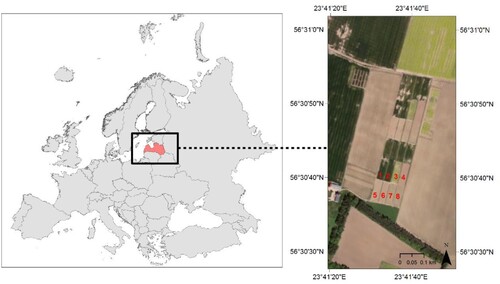 Figure 1. Location of the experimental field. Red numbers indicate the location of the experimental plots.