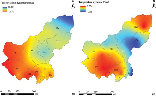 Figure 9. Spatial changes in precipitation and temperature in Xilingol grassland from 2000 to 2015