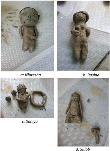 Figure 1. Clay figures made by participants conceptualising menstruation (a) Niuresha (b) Rosina (c) Soniya (d) Sulob