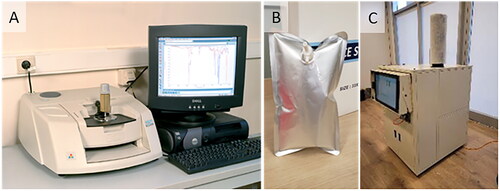 Figure 1. (A) Thermo Fisher Fourier-transform infra-red spectroscopy (FTIR) device showing an illustration of result spectra for an exhaled breath sample (B) Tedlar bag for breath sampling (C) The Breath of Health Merkava 1.1 – Exhaled breath analysis system.