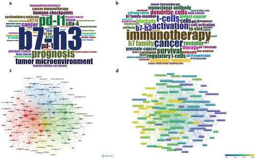 Figure 7. (a) Word cloud of top 50 authors’ keywords in B7-H3/CI. (b) Word cloud of top 50 keywords plus in B7-H3/CI. (c) the cluster analysis of 122 keywords (frequency ≥10) in B7-H3/CI (the size of the node suggests the frequency of the keywords, and the thickness of the line between keywords indicates the total link strength). (d) trends in keywords (frequency ≥10) over time in B7-H3/CI.