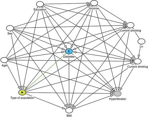 Figure 1 Direct Acyclic Graph for association between type of population with DM and Hypertension. (The current figure showed a model for direct effect of association between type of population and DM by adjusting potential confounders. A similar causal relationship pattern was used to identify the direct, sub-total, and total effects of association between population type with DM and hypertension).