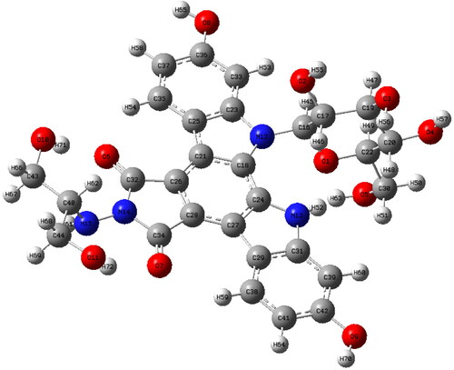 Figure 2. The most stable geometric structure of the edotecarin molecule obtained with the DFT/B3LYP/6-31++G(d,p) level of theory.