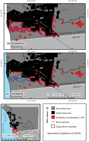 Fig. 10 Areas calculated by the SLEUTH model to have a probability equal to or higher than 80% of becoming urbanized by year 2050; (a) and (b) show the areas associated with exclusion scenarios 1 and 2, respectively.