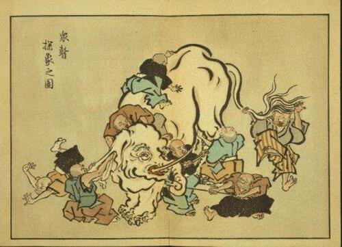 Figure 1 Blind monks examining an elephant (Hanabusa Itchō, 1652–1724). Notes: Reproduced from Itcho H. [Blind monks examining an elephant]. In: The Floating World of Ukiyo-e: Shadows, Dreams, and Substance. Abrams in association with the Library of Congress; 2001:96. Citation1