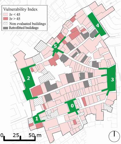 Figure 9. Revised evacuation plan: new position of gathering areas (and their accesses) according to s1 and s2 outcomes. Building to be retrofitted in s4 are also shown.
