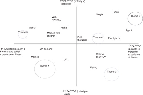 Figure 1.  Factorial plane, with labelled factorial polarities, and positions of themes and variables.