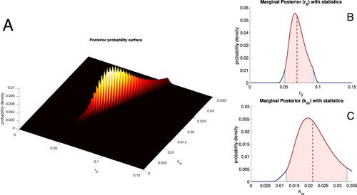 Figure 4. Bayesian posterior when σ is known. These plots summarise the output of the Case 3 synthetic data example. The posterior P(u|θ) was computed explicitly on a grid in the parameter space, θ=[r0,km]. Pane (A) shows a 3D representation of the posterior distribution. Panes (B) and (C) show the r0 and km marginal posterior distributions, respectively. The shaded pink areas in (B) and (C) are the 95% credible intervals for r0 and km, respectively. The vertical dashed line shows the median value for each marginal distribution. These results are summarised in Table 2.