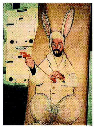 Figure 4. Richard the rabbit. The invention of recombinant DNA technology in 1972 was followed by a regulatory tsunami aimed at reining in the perceived grave dangers of cloning DNA from another species. This photograph illustrates the fate suffered by Richard Flavell while attempting to isolate the rabbit globin gene.