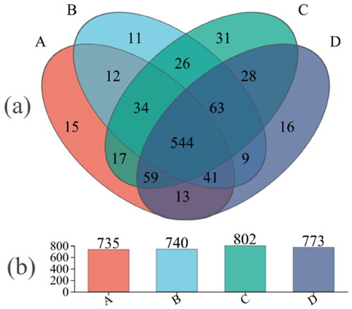 Figure 2. (a). the OTU Venn diagram of microflora in the cecum of Minxinan black rabbits; (b) the bar chart of microflora in the cecum of Minxinan black rabbits. Note: A = Control(0 mg·kg−1), B=(50 mg·kg−1), C=(100 mg·kg−1), D=(150 mg·kg−1), the same below.