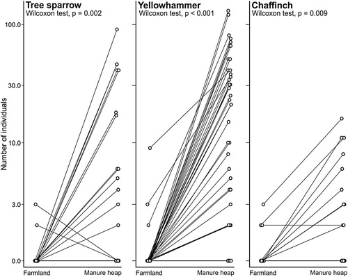 Figure 2. Abundance of three farmland bird species (Tree sparrow, Yellowhammer, Chaffinch) at manure heaps and in adjacent control farmland. Other explanations see Figure 1.