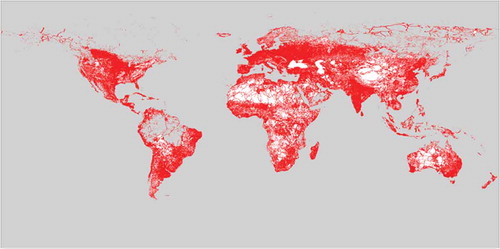 Figure 3. Human impacted areas on the biosphere, identified through mapping of roads, railways and settlement density (by T. Hengl (http://globio.info) [CC BY-SA 3.0 (http://creativecommons.org/licenses/by-sa/3.0)], via Wikimedia Commons).