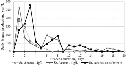 Figure 7. Dynamics in the variation of daily biogas/methane yields for Scenedesmus acutus biodegradation as a sole substrate and as an adjunct to maize stalks.