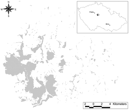 Figure 1. The area of the forest management unit of University Forest Enterprise ‘Kostelec nad Černými lesy’ and its location in the Czech Republic (inset map).