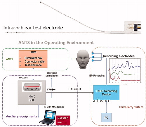 Figure 27. Intracochlear test electrode and test set-up in recording the eABR responses (image courtesy of MED-EL).