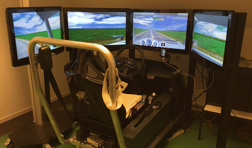 Figure 1. The Groningen driving simulator, with the UBI device (the iPod) mounted on the simulator frame.