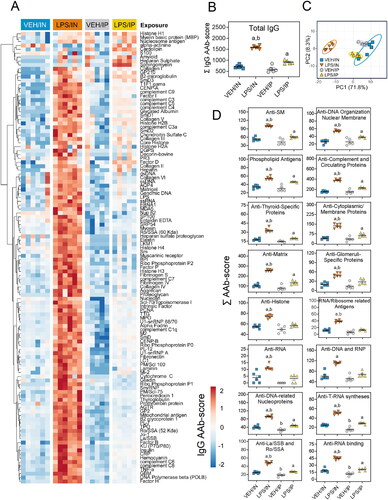 Figure 8. Intranasal (IN) LPS exposure diverse IgG AAb response in the BALF. (A) AAb heat maps were constructed as described in Figure 7 legend. (B) IN LPS exposure increased total IgG levels in the BALF. (C) PCA of differentially expressed IgG AAbs in the BALF of VEH and LPS-exposed mice for both routes of exposure. Ellipses illustrate 95% confidence intervals. (D) Both IP and in LPS exposure led to increases in various classes of AAbs in the BALF compared to their respective VEH control mice. Letters: a, significantly different from VEH control within the same route of exposure (p < 0.05); b, significantly different from LPS/IP group (p < 0.05).