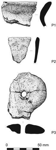 fig 13 Illustrated early–mid Anglo-Saxon pottery (reproduced at scale of 1:2). P1) Rimsherd from a jar; P2) Rimsherd from a bowl; P3) Conjoining sherds from a pierced lug, probably from the rim of a bowl. Illustrations by Lauren Gibson (ASE).