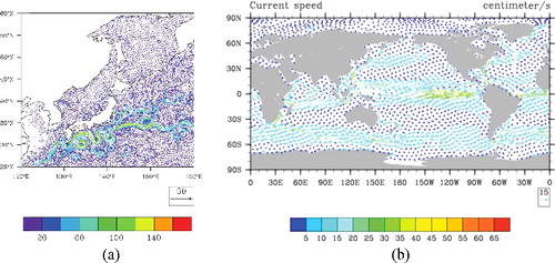 Figure 3. Ocean current distributions in the surface layer. Vectors show the current speed and direction. Color scale also shows the current speed. (a) ROMS around Japan. For clarity, vectors are only shown over a 1/2° grid. (b) POP for the global ocean. For clarity, vectors are only shown over a 5° grid.