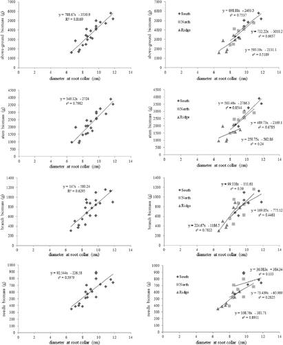 Figure 2. Relationship between diameter at root collar and above-ground biomass for the 13-year-old Pinus densiflora on different slope conditions.