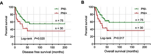 Figure 1 Kaplan-Meier survival curves of (A) disease-free survival (DFS) and (B) overall survival (OS) in vulvar squamous cell carcinoma (VSCC) patients with or without perineural invasion (PNI) (all patients). Significant differences were observed between the two groups.