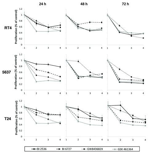 Figure 1. Characterization of the effects of PLK1 inhibition on cell growth in RT4, 5637, and T24 bladder carcinoma cells as detected by the XTT® assay after 24, 48, and 72 h of treatment. The number 1 corresponds to control and the numbers 2, 3, and 4 on the x-axis indicate increasing concentrations of each PLK1 inhibitor, being 10, 20, and 50 nM for BI 2536; 50, 100, and 150 nM for BI 6727; 300, 600, and 1200 nM for GW843682X; and 75, 150, and 300 nM for GSK461364, respectively. Statistically different (P < 0.05) results were obtained for all tests at all times tested except for treatment of 5637 cells with BI 2536 for 24 h and GW843682X 300 nM for 48 h and treatment of T24 cells with BI 2536 10 nM after 72 h. Asterisks were not included in order to avoid figure pollution.