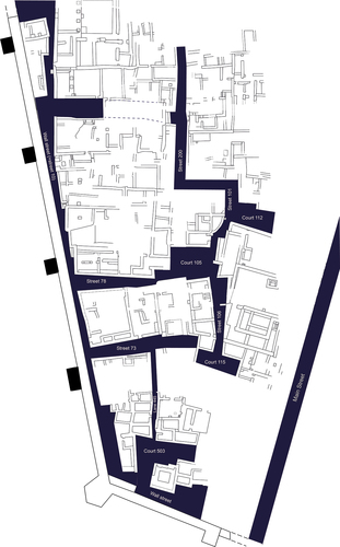 Figure 7. Plan of the south-western sector with indication of the street network (after I. Marati and F. Genchi, © ISMEO).