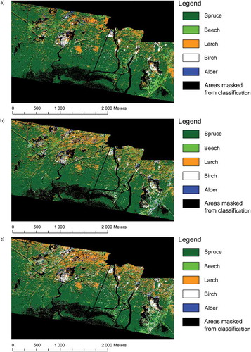 Figure 2. Classification output images for ANN (a), RF (b) and SVM (c). (Color black symbolizes masked areas – non-forest vegetation and urban areas).