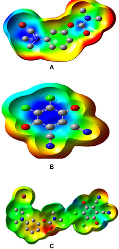 Figure 13 Molecular electrostatic potential maps of (A) NSG, (B) DDQ, and (C) NSG → DDQ.