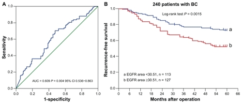 Figure 3 Receiver-operating characteristic analysis of EGFR area by five-year recurrent status of 240 cases (A) and the five-year recurrence-free survival of patients with different EGFR area (B).Abbreviation: EGFR, epidermal growth factor receptor.