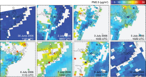 Fig. 8 Satellite scenes of surface PM2.5 in the Stockholm region as obtained from MODIS observations during the time period from 30 June to 12 July 2006. Coloured dots mark the location of the ground sites and corresponding PM2.5 values. Late morning and noon overpasses refer to MODIS on Terra and Aqua, respectively.