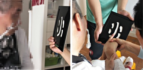 Figure 5 Patient’s eye opening wider and broader in increasing concentration at the task of finger writing with joy (left) and eye fixations on the tasks as the session progressed (right).