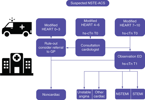 Figure 1. Flowchart of the new pathway for the management of patients suspected for non-ST-elevation acute coronary syndrome.ED: Emergency department; GP: General practitioner; HEART: History, ECG, Age, Risk factors and Troponin; hs-cTn: High-sensitivity cardiac troponin; NSTE-ACS: Non-ST-elevation acute coronary syndrome; NSTEMI: Non-ST elevation myocardial infarction; STEMI: ST-elevation myocardial infarction.