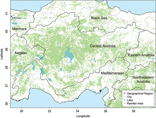 Figure 1. Location of the study area (Central Anatolia (CA) region of Turkey) and rainfed areas over it.
