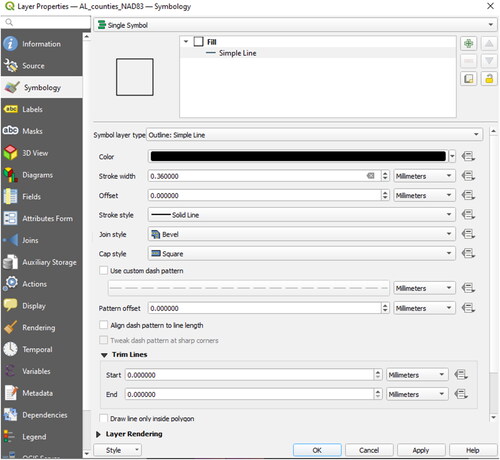 Figure 66. Symbol properties for QGIS vector layers. Different Symbol layer types can also be combined for more advanced visualization tasks (Button Add symbol layer)).