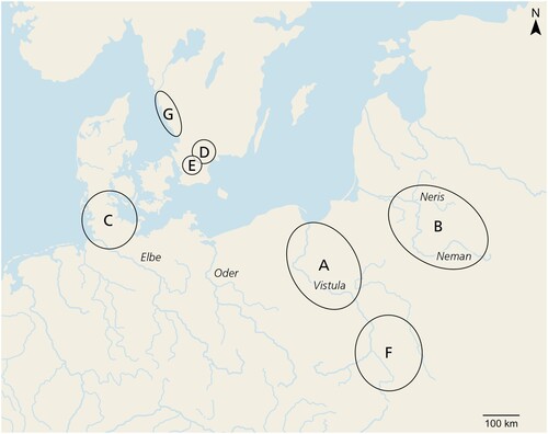 Figure 5. Map of Northern Europe showing the timber source area of Groups A-G (map by Frida Nilsson, Mediatryck).