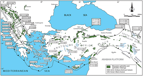 Figure 7. Tectonic map of Mesozoic Ophiolites and ophiolitic mélanges from the Tethyan realm in Turkey and adjacent areas (modified after Stampfli, 2000) and representative geochronological data from rocks of the ophiolitic mélanges as well as from metamorphic soles (modified after Çelik et al., Citation2011). All data are from 40Ar/39Ar analyzes except where stated otherwise: (1) Dilek, Thy, Hacker, and Grundvig (Citation1999); (2) Parlak and Delaloye (Citation1999); (3) Çelik, Delaloye, and Feraud (Citation2006); (4) Chan, Malpas, Xenophontos, and Lo (Citation2007); (5) Galoyan et al. (Citation2009); (6) Önen (Citation2003); (7) Harris, Kelley, and Okay (Citation1994); (8) Dimo-Lahitte, Monié, and Vergély (Citation2001); (9) Spray, Bébien, Rex, and Roddick (Citation1984); (10) Roddick, Cameron, and Smith (Citation1979); (11) Koepke, Seidel, and Kreuzer (Citation2002), K–Ar age data; (12) Hatzipanagiotou and Pe-Piper (Citation1995), K–Ar age data; (13) Lanphere, Coleman, Karamata, and Pamić (Citation1975), K–Ar age data; (14) Rolland et al. (Citation2010); (15) Çelik et al. (Citation2011); (16) Hässig et al. (Citation2013). Abbreviations, AO, Antalya Ophiolite; BHO, Beyşehir-Hoyran Ophiolite; EO, Eldivan ophiolite; KO, Kınık Ophiolite; LO, Lesvos Ophiolite; MO, Mersin Ophiolite; ORO, Orhaneli Ophiolite; PKO, Pozantı-Karsantı Ophiolite; SO, Sevan Ophiolite; mu, muscovite; hb: hornblende. *Age data from gabbro.